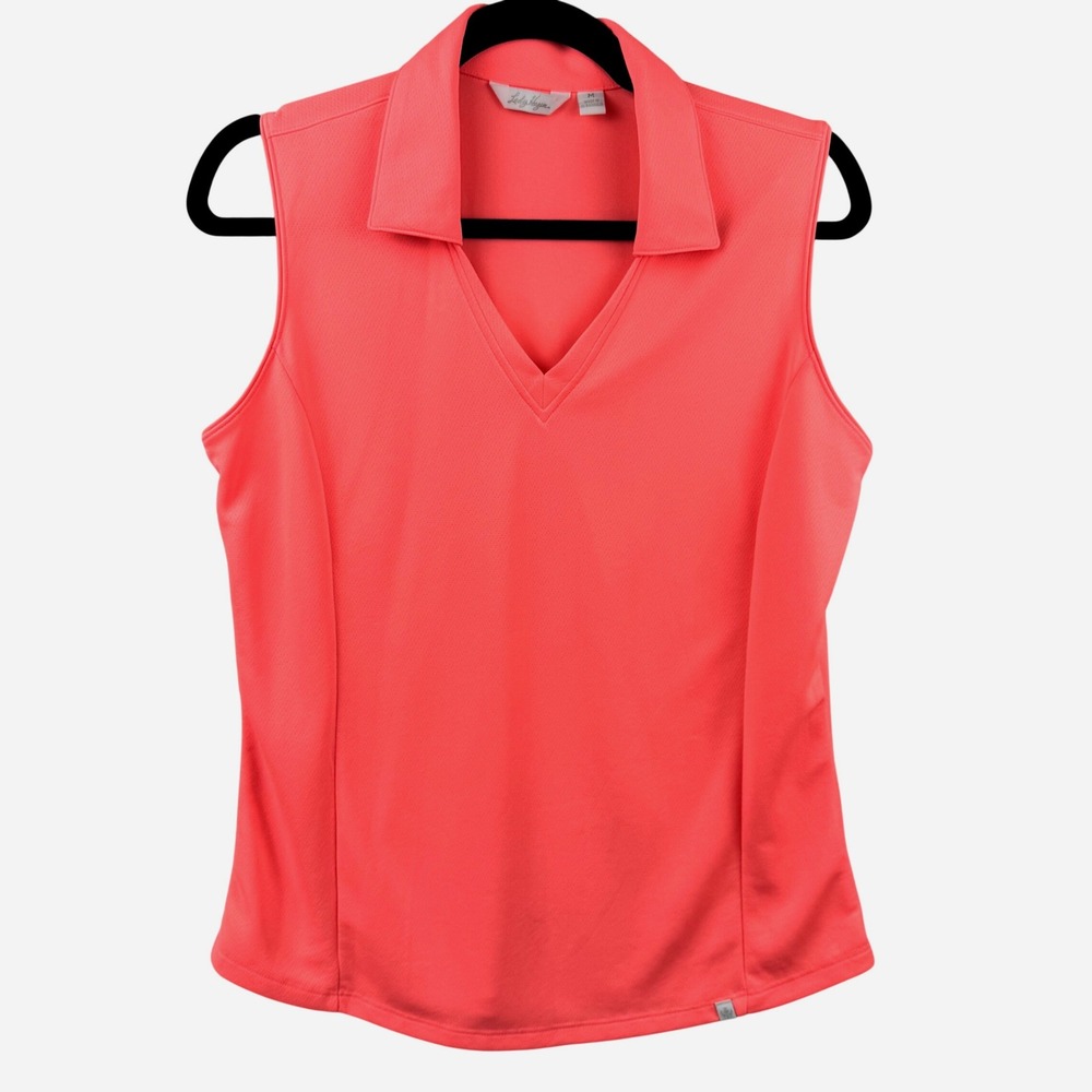 Lady Hagen Polo Shirt Womens Medium Coral Sleeveless V-Neck Golfcore Neon Preppy